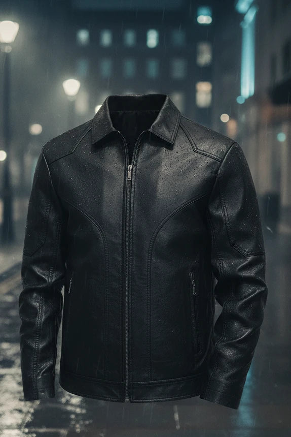 Craftklart slim fit PU leather moto biker jacket with classic streetwear style, shown on a mannequin with front zipper and lapel details.