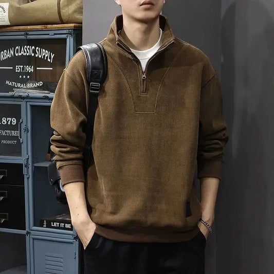 Autumn and Winter Spliced sweatshirt Men's Retro Long-sleeved Polo Shirt Loose Half Zipper Stand Collar T-shirt