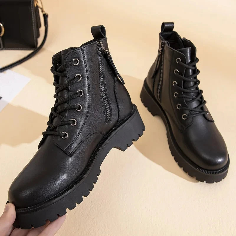 Genuine Leather Double Zipper Women's Ankle Boots