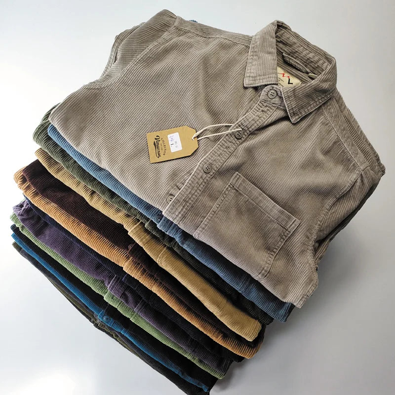 Corduroy Men's Fashion 100% Cotton Washed Single Pocket Shirt