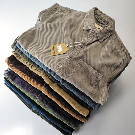 Corduroy Men's Fashion 100% Cotton Washed Single Pocket Shirt