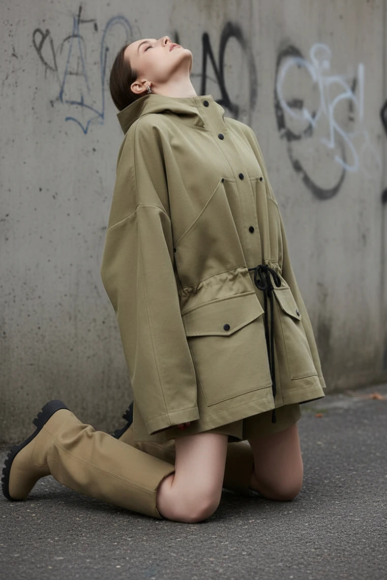 Oversized khaki hooded windbreaker jacket from Urban Fashion & Streetwear by Craftklart, shown with front zip and adjustable hood.