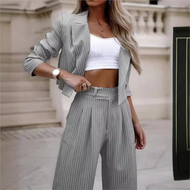 Elegant Long Sleeve Notch Collar Striped Work Jacket And Straight Leg Trouser Set - Premium Set from Craftklart Dropship - Just $18.34! Shop now at Craftklart.store