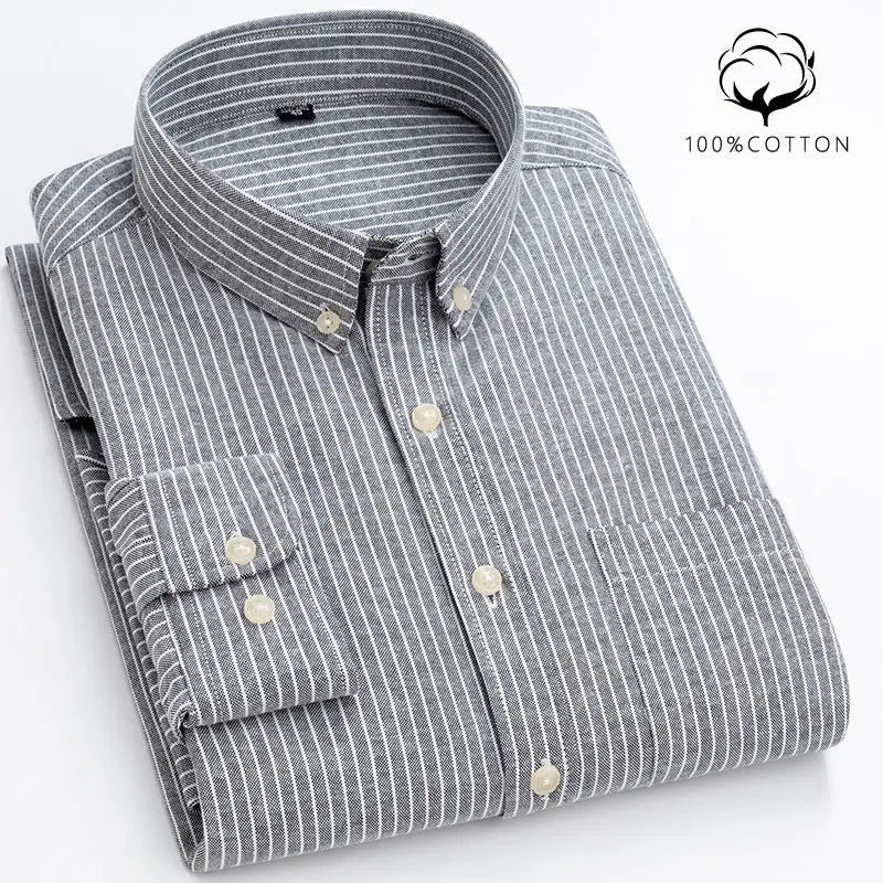 New 100% Cotton Oxford Shirt Men's Long Sleeve Striped Plaid Casual Shirts Korean Clothes High Quality Business Dress Shirt Grey - Premium  from Craftklart.store - Just $14.56! Shop now at Craftklart.store