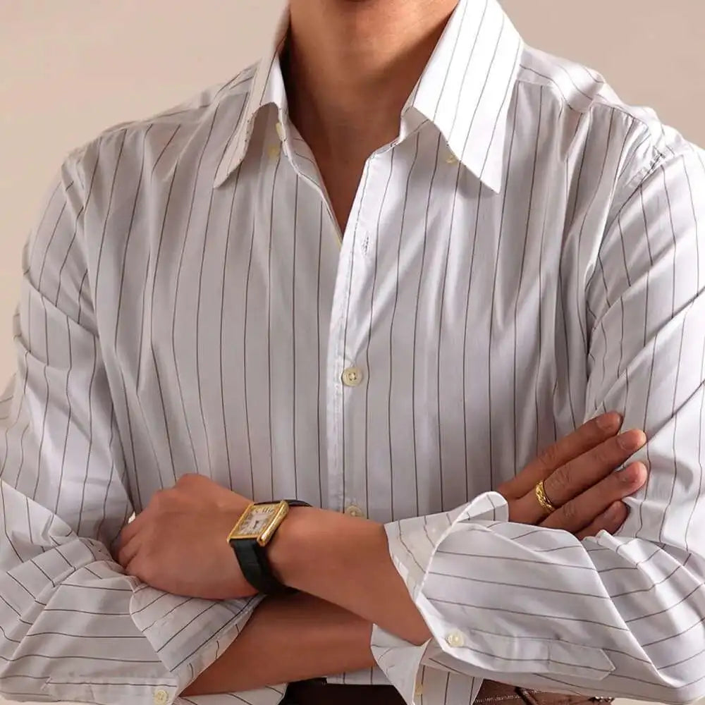 Cotton Blend Striped Italian Styled Urban Casual Long Sleeved Shirt