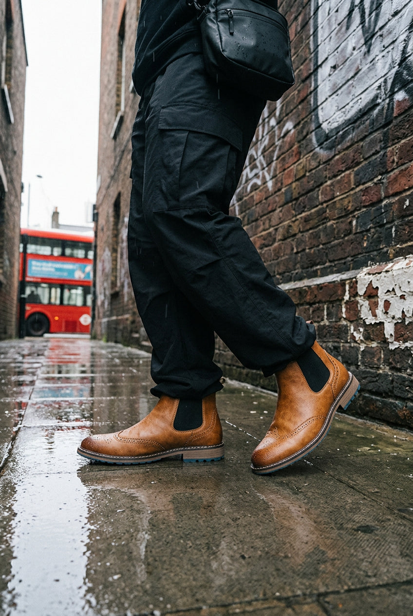 Craftklart Dropship Borough Chelsea Boots, black leather slip-on Chelsea boots with elastic side panels and sleek design.