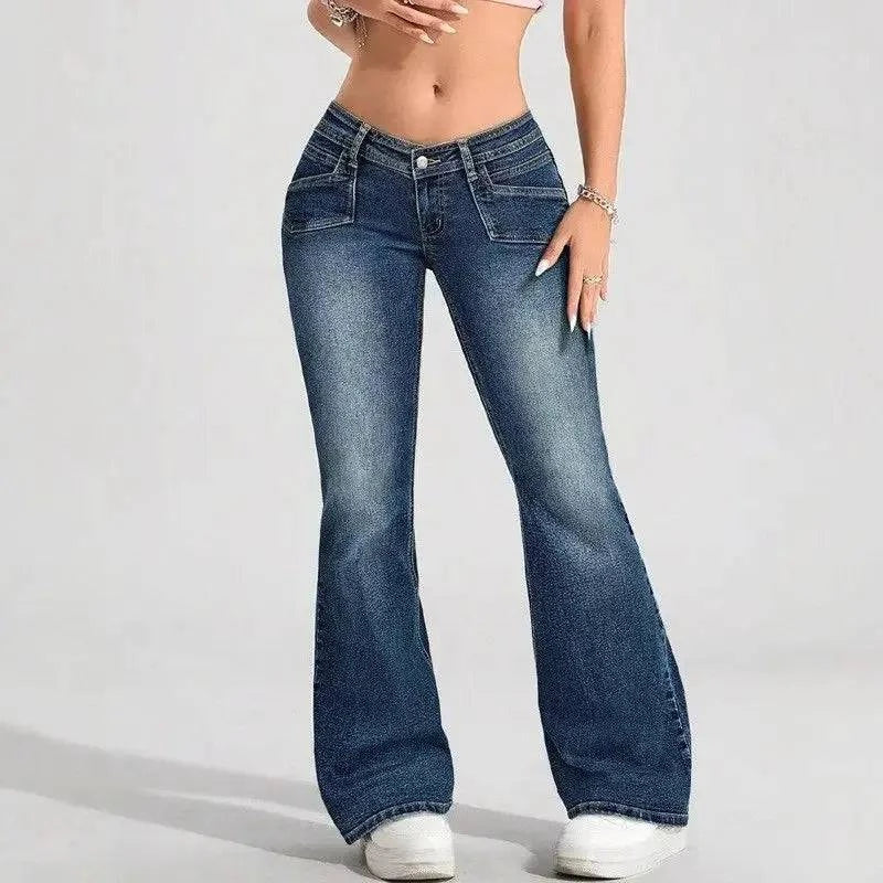 Woman wearing Craftklart Dropship low waist flare stretch denim jeans, showcasing a fitted waist and flared leg style.