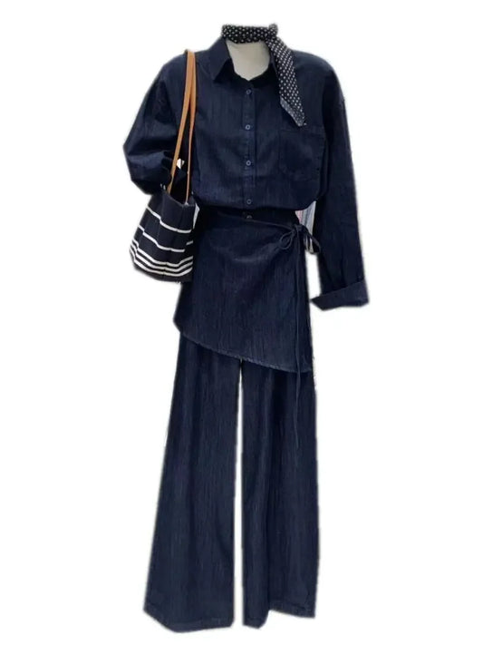 Women's Urban Chic Single-breasted Casual Long-sleeved Denim Shirt Set