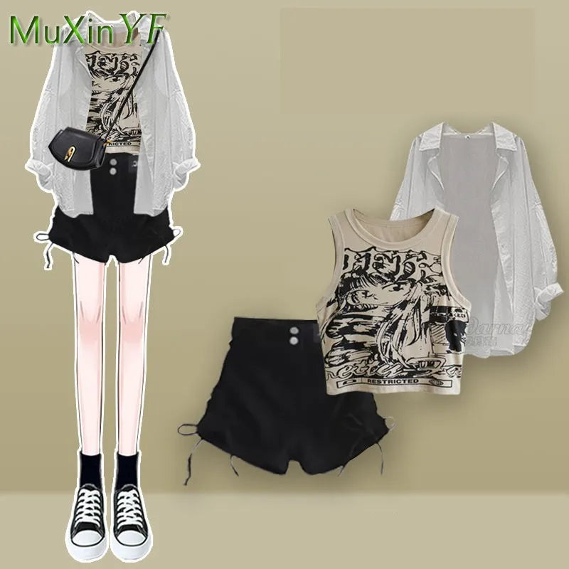 Urban Girl Shirt Printed Vest Denim Shorts