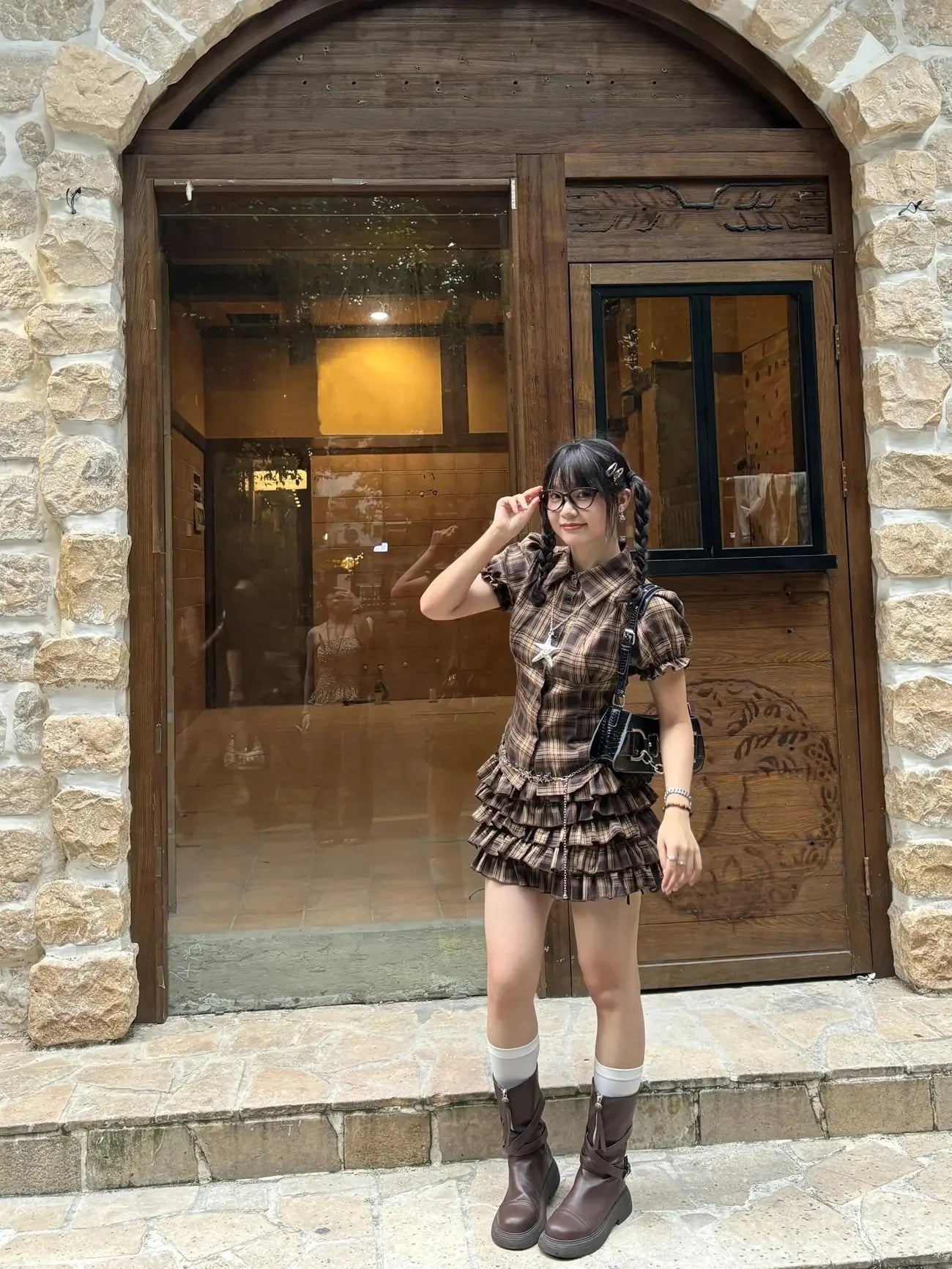 Urban Fashion Y2K plaid mini dress 2-piece set, casual stylish dress with a vibrant checkered pattern and trendy streetwear look.