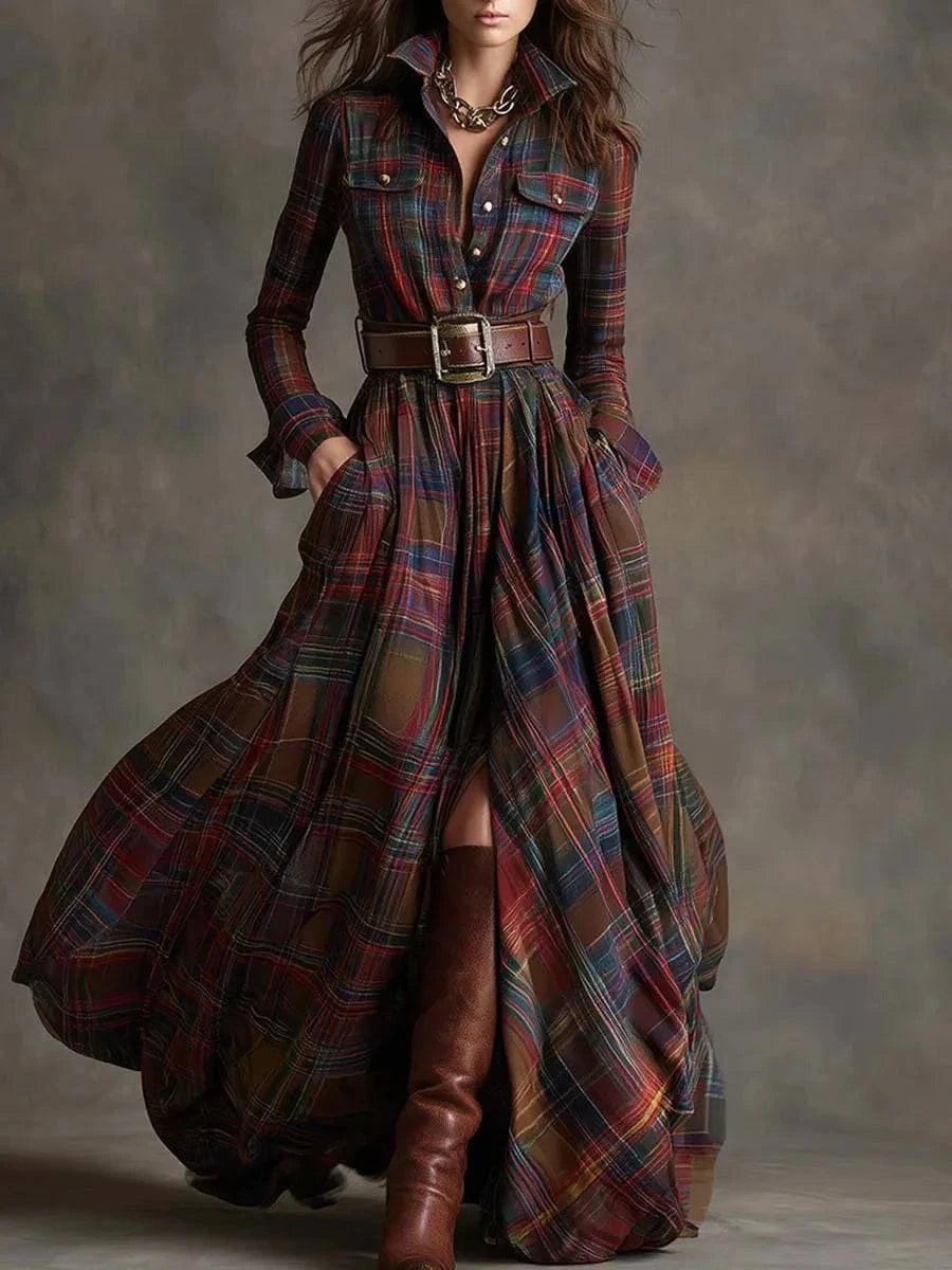 Woman's Urban Checkered Print Long Dress | 