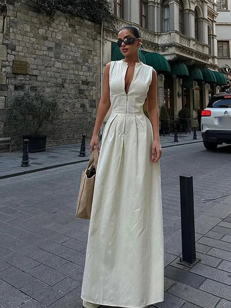 Elegant Sleeveless Spliced Zipper V-neck Maxi Dress