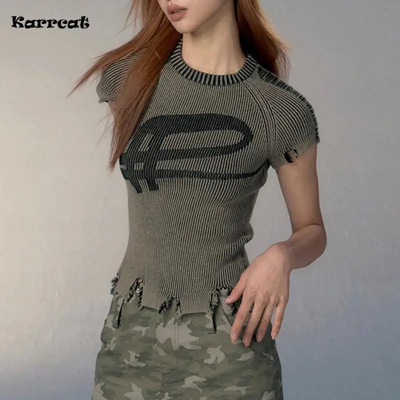 Karrcat  Grunge Aesthetics Knitted Top Vintage Distressed T-shirt - Premium T-Shirt from Craftklart Dropship - Just $11.16! Shop now at Craftklart.store