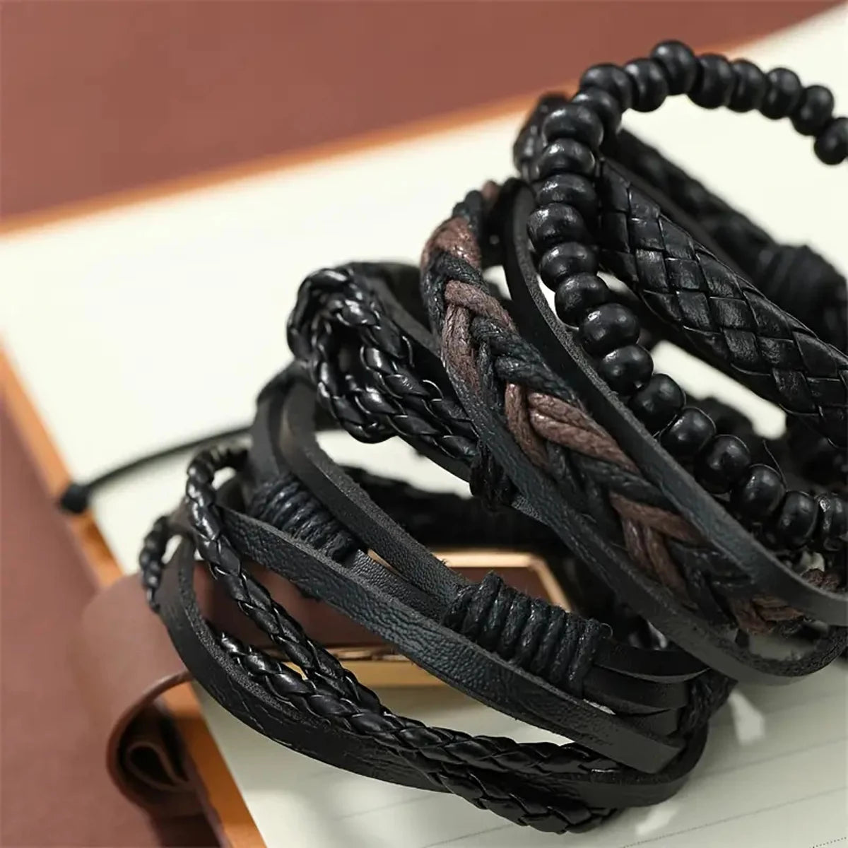 6pcs Men's PU Leather Punk Street Style Black Handmade Twist Bracelet - Premium Bracelet from Craftklart Dropship - Just $6! Shop now at Craftklart.store