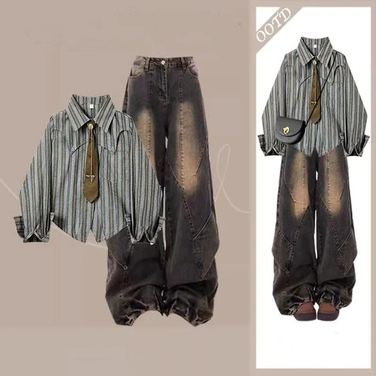 Women's Casual Blouses Patchwork Button Punk Jeans Two Piece Suits