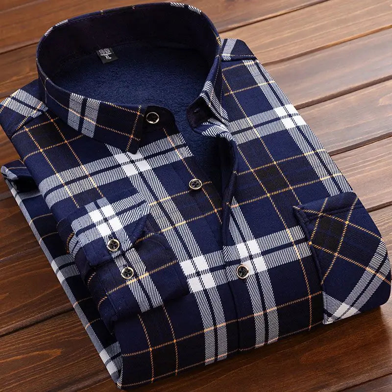 2024 Men's Plaid Flannel Fur Lined Thick Formal Shirts - Premium shirt from Craftklart Dropship - Just $5.39! Shop now at Craftklart.store