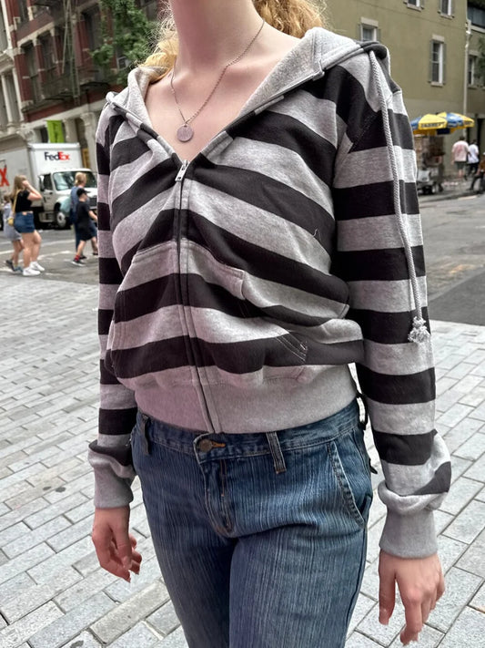 Women's Y2K Striped Zip-Up Hoodie – Vintage Cotton Drawstring Hooded Jacket - Craftklart.store
