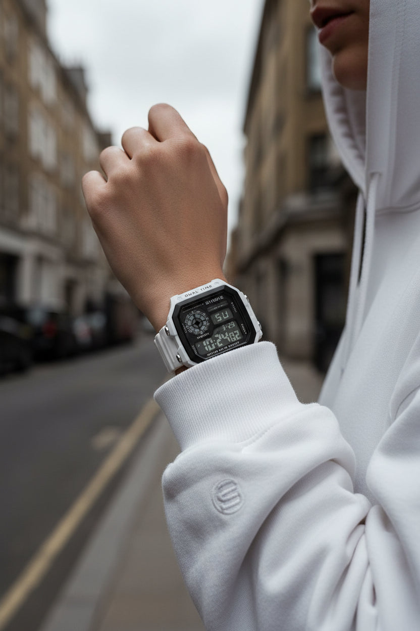 Digital sport watch with rubber strap from Craftklart, featuring a sleek display and durable design for active wear.