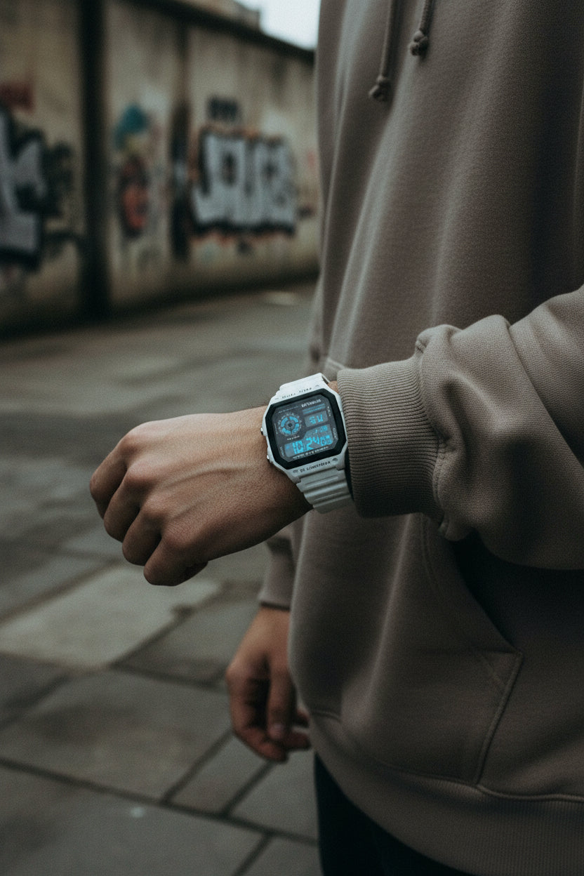 Digital sport watch with rubber strap from Craftklart, featuring a sleek black dial and digital display for active wear.
