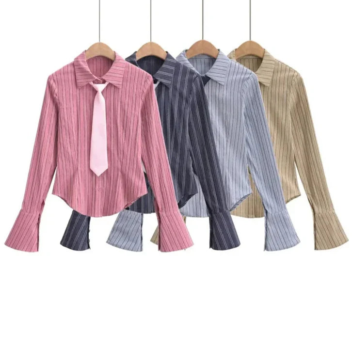 Women's Necktie Decoration Striped Single Breasted Flare sleeve Slim Blouse - Premium shirt from Craftklart Dropship - Just $20.80! Shop now at Craftklart.store