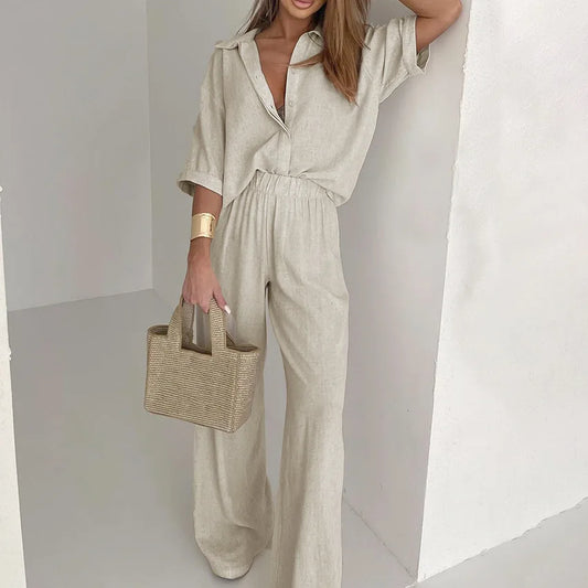 Loose Half Short Sleeve Blouse Shirt+Wide Leg Elastic Waist  Long Pants Set
