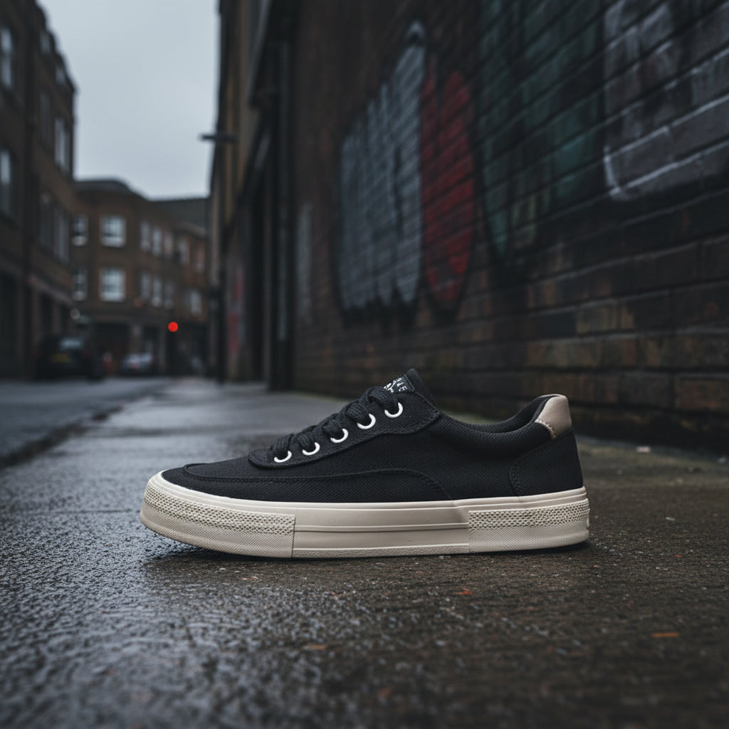 Craftklart low canvas sneaker in black with white rubber sole, featuring classic lace-up design and minimalist style.