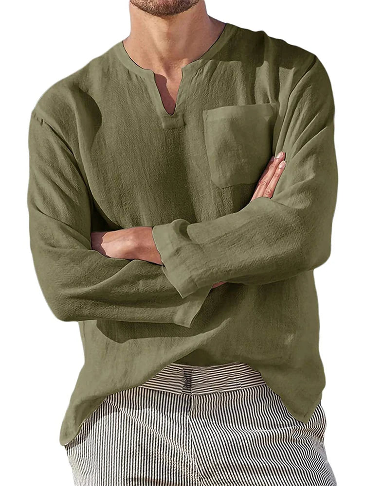 Men's Cotton Linen V-Neck Loose Pullover Tops - Premium Longsleeve Top from Craftklart Dropship - Just $13.89! Shop now at Craftklart.store