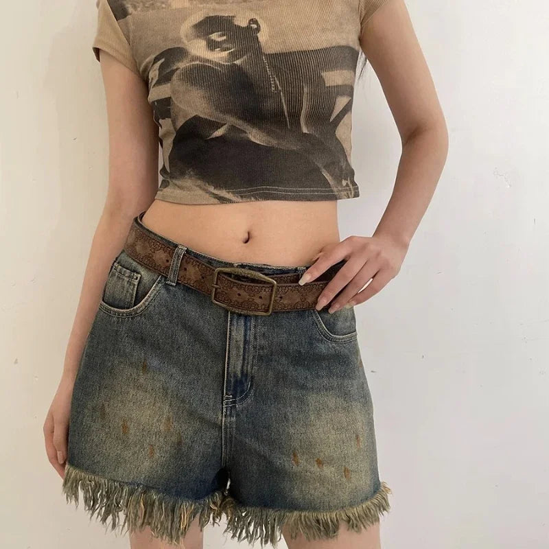 Pattern Print Buckle Pin Waist Belt Female Pu Leather