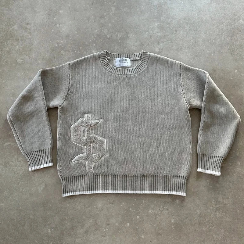 Y2K Dollar Grey Knitted  Long Sleeve Sweater - Craftklart.store