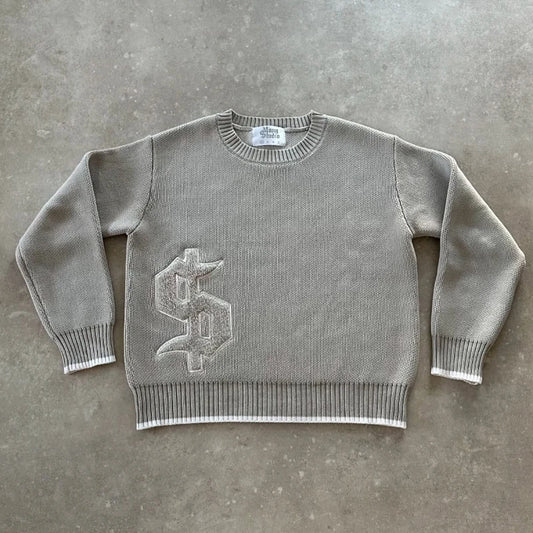 Y2K Dollar Grey Knitted  Long Sleeve Sweater - Craftklart.store