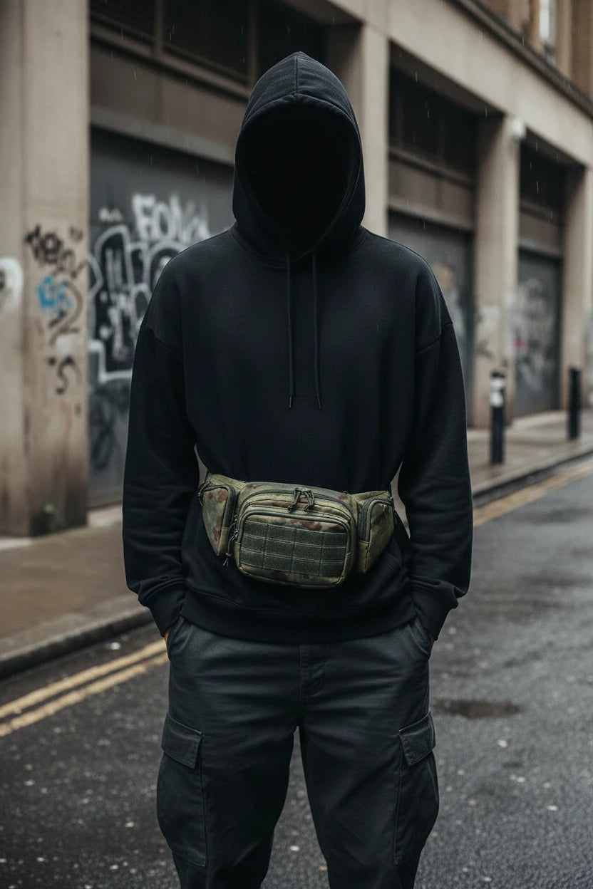 Minimal utility nylon waist bag, a streetwear accessory by Urban Fashion & Streetwear, featuring a compact, stylish design.
