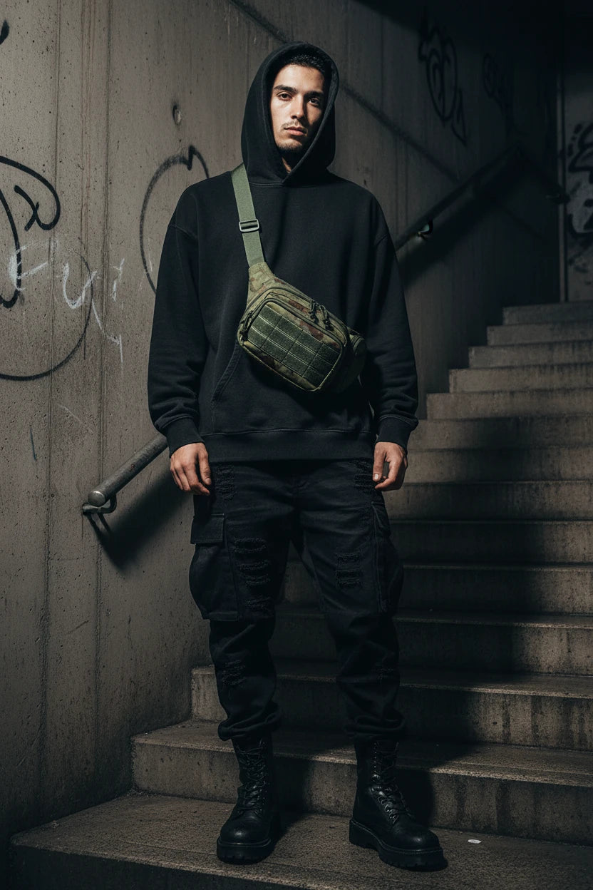 Minimal utility nylon waist bag, streetwear accessory with sleek design, featuring adjustable strap and compact storage.