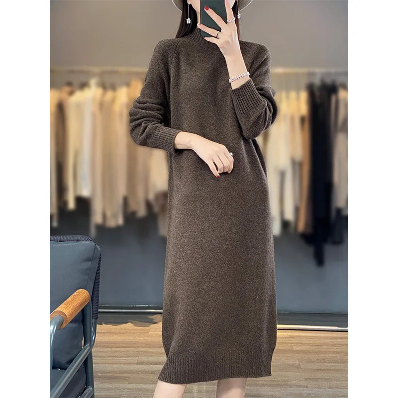 New Women Long Sweater Dress 100% Merino Wool Long Dress Autumn Winter Mock Neck Quality Cashmere Knitwear Basic Grace Dress - Craftklart.store