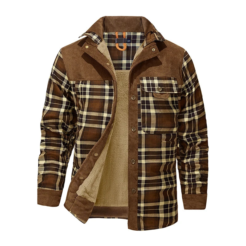 Cotton Plaid Jacket Autumn Men Casual Multi-Pockets Coat