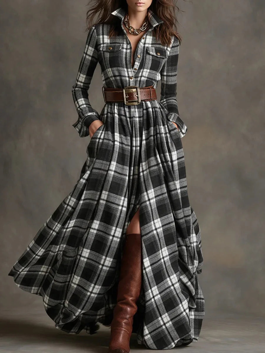 Woman's Urban Checkered Print Long Dress | Minimalist Streetwear | Craftklart