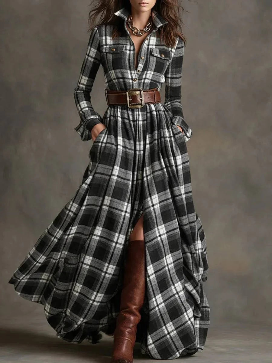 Woman's Urban Checkered Print Long Dress | Minimalist Streetwear | Craftklart
