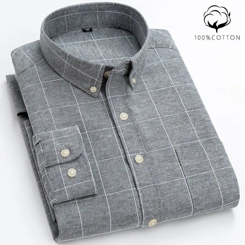 New 100% Cotton Oxford Shirt Men's Long Sleeve Striped Plaid Casual Shirts Korean Clothes High Quality Business Dress Shirt Grey - Premium  from Craftklart.store - Just $14.56! Shop now at Craftklart.store