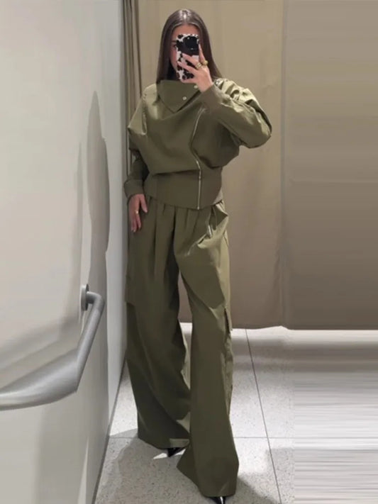 Women Stand Collar Full Sleeve Coat High Waist Wide Leg Pant Set
