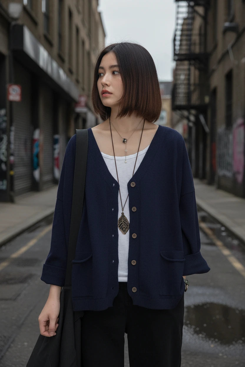Loose Knit Cardigan — V-Neck, Button Front