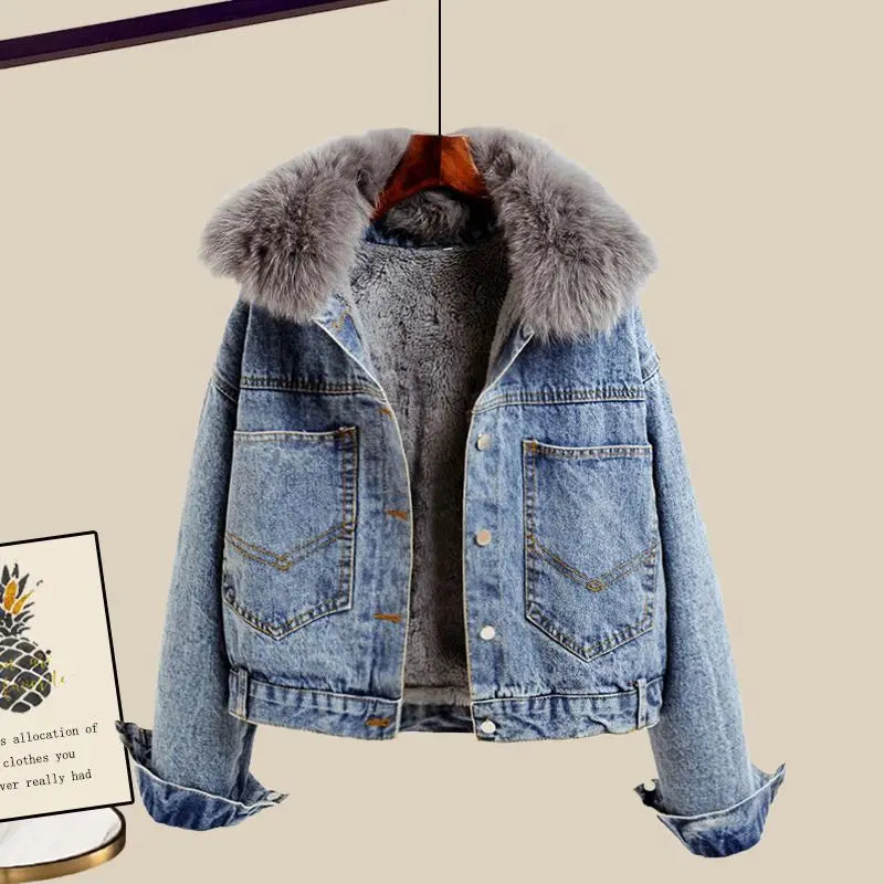 Korean Branded Winter Plush Thickened Wool Collar Denim Jacket Set - Premium Set from Craftklart Dropship - Just $26.16! Shop now at Craftklart.store