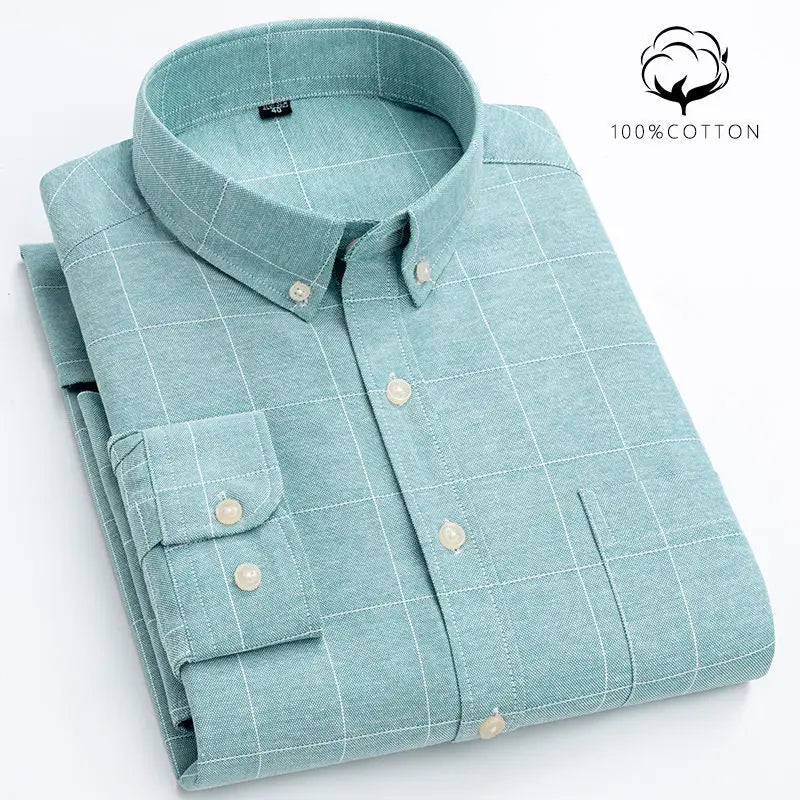 New 100% Cotton Oxford Shirt Men's Long Sleeve Striped Plaid Casual Shirts Korean Clothes High Quality Business Dress Shirt Grey - Premium  from Craftklart.store - Just $14.56! Shop now at Craftklart.store