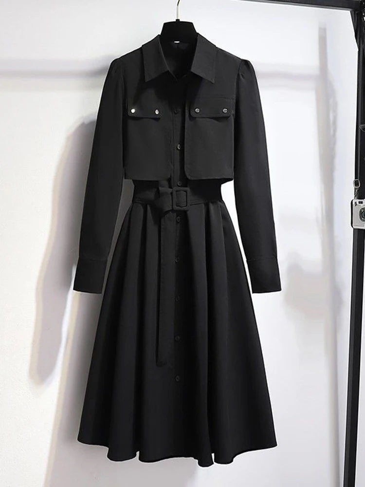 Women's long sleeve belted midi dress by Craftklart Dropship, featuring a stylish and elegant design with a fitted waist and flowing fabric.