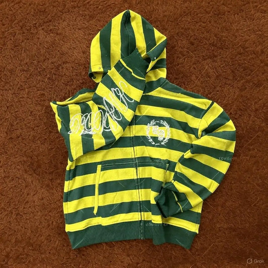 Y2K Retro Yellow Green Striped Print Zip Up Hoodie Men and Women Fashionable Embroidered Sweatshirt Casual Hip Hop Loose Hoodie - Craftklart.store