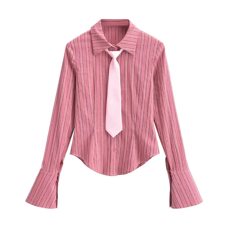 Women's Necktie Decoration Striped Single Breasted Flare sleeve Slim Blouse - Premium shirt from Craftklart Dropship - Just $20.80! Shop now at Craftklart.store