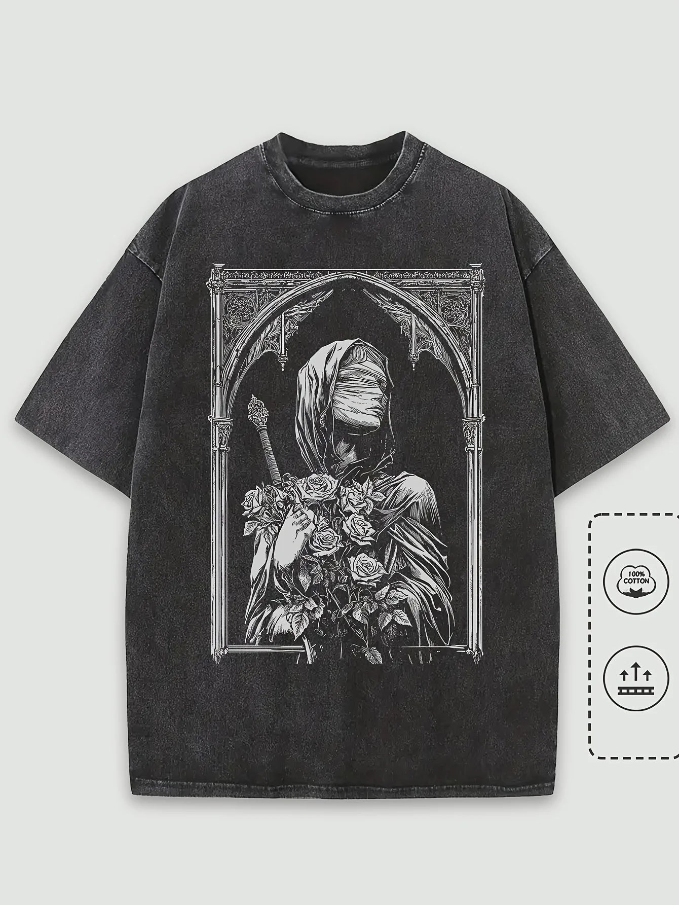 Washed T-Shirt 100% Cotton Men's Gothic Architecture Gothic Woman Face Graphic Oversized Streetwear Tee Round Neck Short Sleeve - Craftklart.store