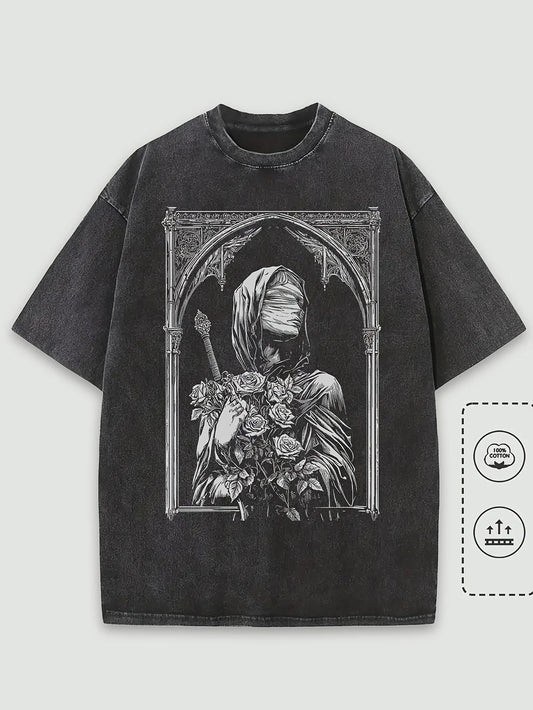Washed T-Shirt 100% Cotton Men's Gothic Architecture Gothic Woman Face Graphic Oversized Streetwear Tee Round Neck Short Sleeve - Craftklart.store