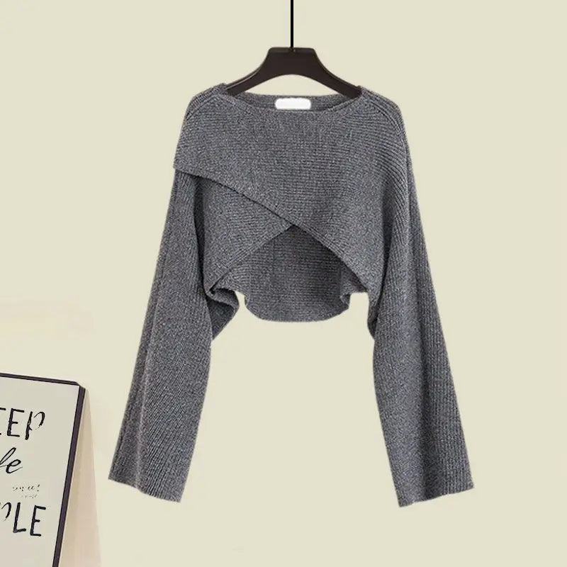 Autumn Short Knitted Sweater Suspended Skirt Two Piece Female Clothing Set