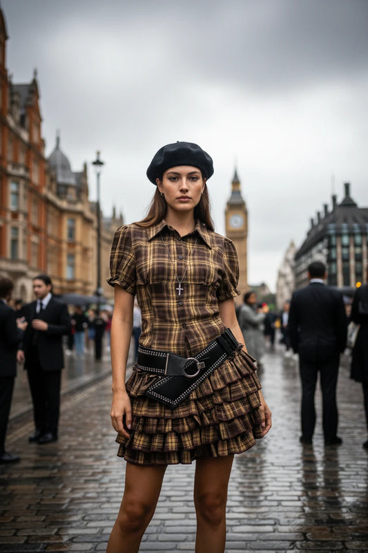 Y2K plaid mini dress 2-piece set from Urban Fashion & Streetwear, featuring a stylish plaid pattern and fitted silhouette.