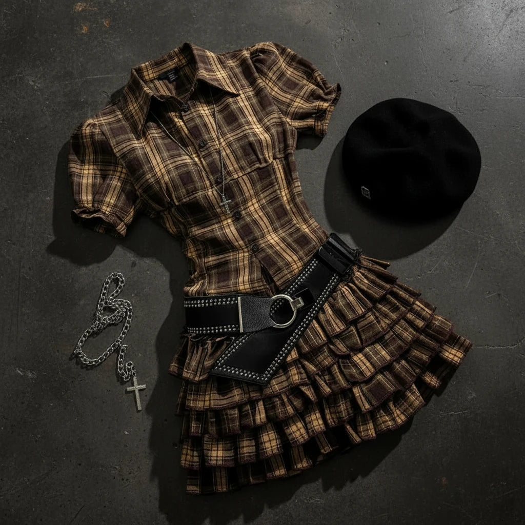Y2K plaid mini dress 2-piece set featuring a stylish urban fashion streetwear look, with a fitted top and matching skirt.