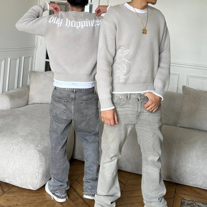 Y2K Dollar Grey Knitted  Long Sleeve Sweater - Craftklart.store